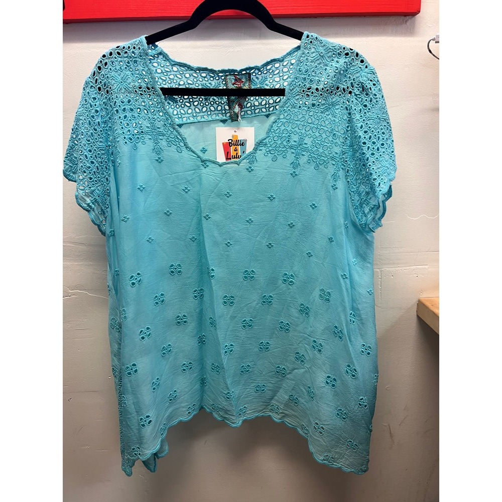 Johnny Was Light Blue Embroidered V-Neck Blouse